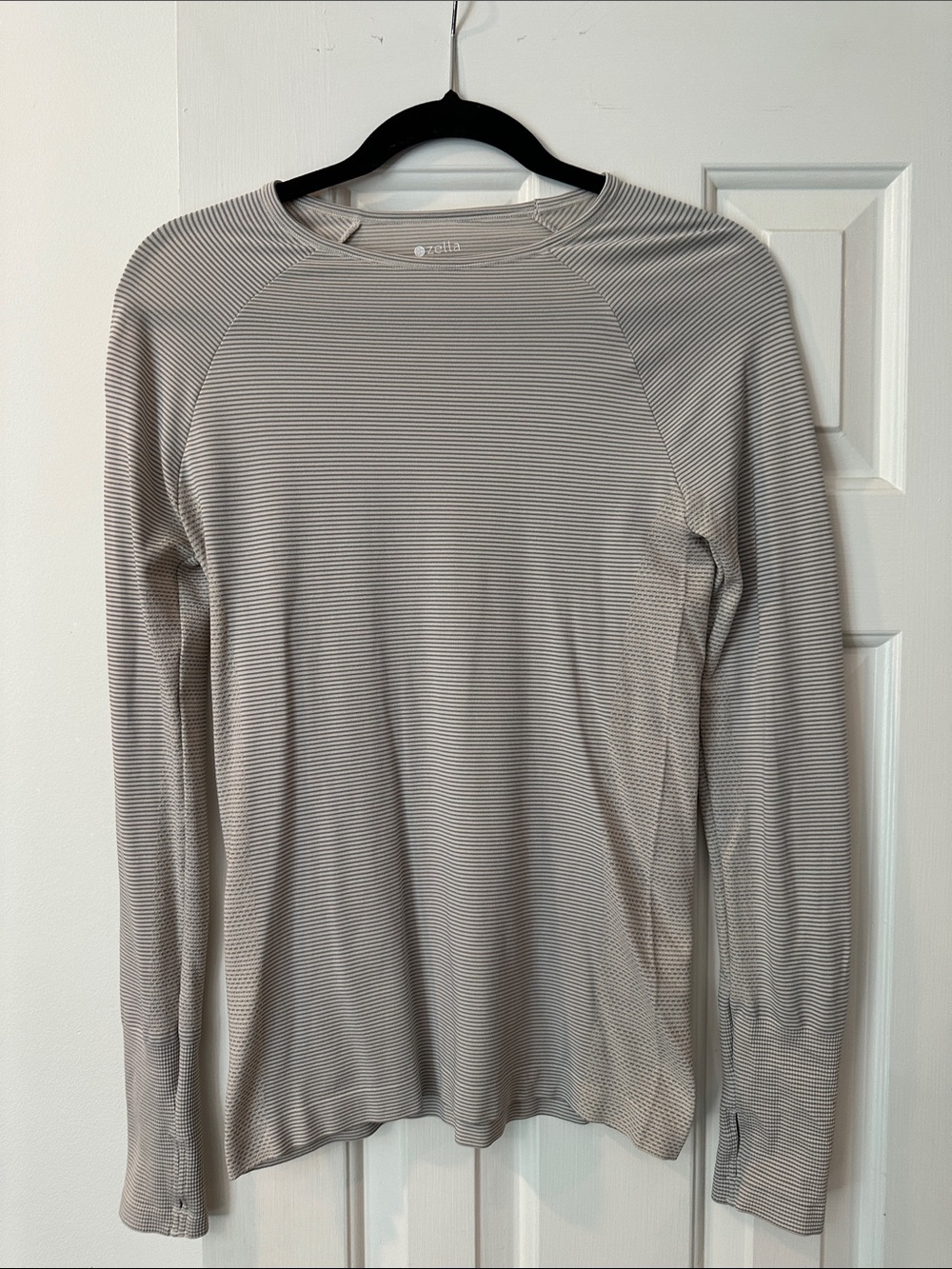 Zella women’s  Long-Sleeve Crew in Light Gray and White Microstripe
